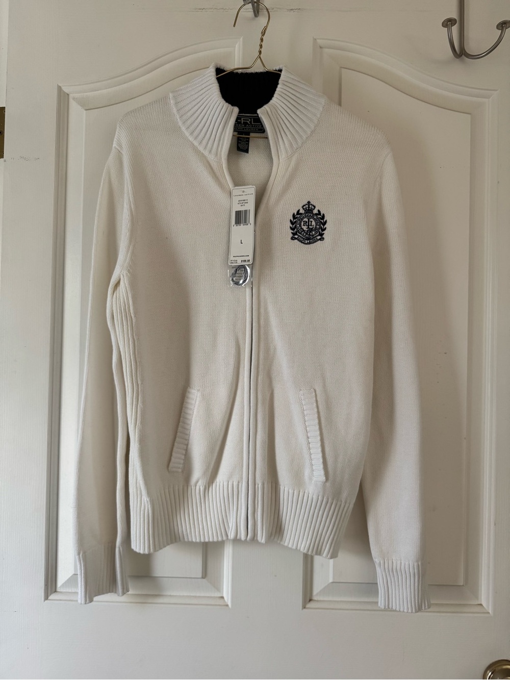 Lauren - Ralph Lauren White Zip Up Sweater Cardigan Navy RL crest size Large NWT